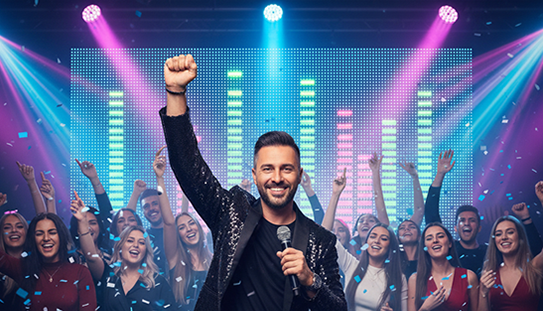 Anche il Karaoke per feste e matrimoni è gradito dal pubblico e noi possiamo offrirvi un ampio repertorio internazionale con Maxi schermo