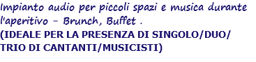 Impianto audio per piccoli spazi e musica durante l'aperitivo - Brunch, Buffet . (IDEALE PER LA PRESENZA DI SINGOLO/DUO/TRIO DI CANTANTI/MUSICISTI)