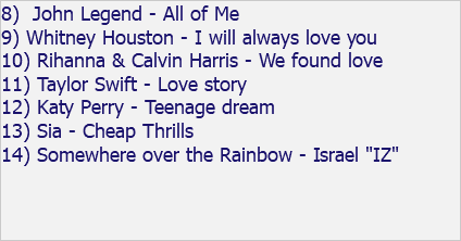 8) John Legend - All of Me 9) Whitney Houston - I will always love you 10) Rihanna & Calvin Harris - We found love 11) Taylor Swift - Love story 12) Katy Perry - Teenage dream 13) Sia - Cheap Thrills 14) Somewhere over the Rainbow - Israel "IZ" 