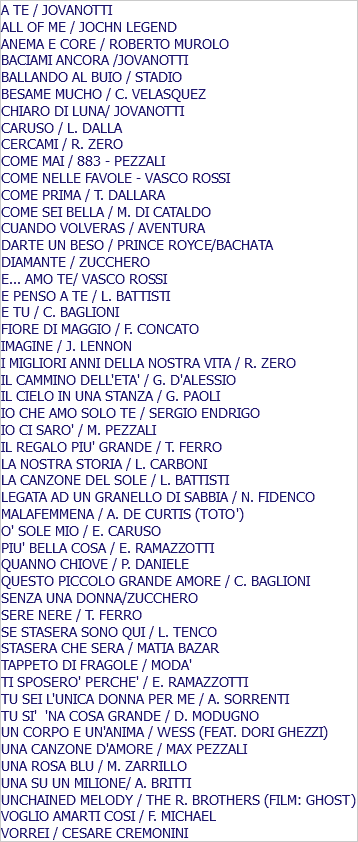 A TE / JOVANOTTI ALL OF ME / JOCHN LEGEND ANEMA E CORE / ROBERTO MUROLO BACIAMI ANCORA /JOVANOTTI BALLANDO AL BUIO / STADIO BESAME MUCHO / C. VELASQUEZ CHIARO DI LUNA/ JOVANOTTI CARUSO / L. DALLA CERCAMI / R. ZERO COME MAI / 883 - PEZZALI COME NELLE FAVOLE - VASCO ROSSI COME PRIMA / T. DALLARA COME SEI BELLA / M. DI CATALDO CUANDO VOLVERAS / AVENTURA DARTE UN BESO / PRINCE ROYCE/BACHATA DIAMANTE / ZUCCHERO E... AMO TE/ VASCO ROSSI E PENSO A TE / L. BATTISTI E TU / C. BAGLIONI FIORE DI MAGGIO / F. CONCATO IMAGINE / J. LENNON I MIGLIORI ANNI DELLA NOSTRA VITA / R. ZERO IL CAMMINO DELL'ETA' / G. D'ALESSIO IL CIELO IN UNA STANZA / G. PAOLI IO CHE AMO SOLO TE / SERGIO ENDRIGO IO CI SARO' / M. PEZZALI IL REGALO PIU' GRANDE / T. FERRO LA NOSTRA STORIA / L. CARBONI LA CANZONE DEL SOLE / L. BATTISTI LEGATA AD UN GRANELLO DI SABBIA / N. FIDENCO MALAFEMMENA / A. DE CURTIS (TOTO') O' SOLE MIO / E. CARUSO PIU' BELLA COSA / E. RAMAZZOTTI QUANNO CHIOVE / P. DANIELE QUESTO PICCOLO GRANDE AMORE / C. BAGLIONI SENZA UNA DONNA/ZUCCHERO SERE NERE / T. FERRO SE STASERA SONO QUI / L. TENCO STASERA CHE SERA / MATIA BAZAR TAPPETO DI FRAGOLE / MODA' TI SPOSERO' PERCHE' / E. RAMAZZOTTI TU SEI L'UNICA DONNA PER ME / A. SORRENTI TU SI' 'NA COSA GRANDE / D. MODUGNO UN CORPO E UN'ANIMA / WESS (FEAT. DORI GHEZZI) UNA CANZONE D'AMORE / MAX PEZZALI UNA ROSA BLU / M. ZARRILLO UNA SU UN MILIONE/ A. BRITTI UNCHAINED MELODY / THE R. BROTHERS (FILM: GHOST) VOGLIO AMARTI COSI / F. MICHAEL VORREI / CESARE CREMONINI