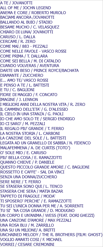 A TE / JOVANOTTI ALL OF ME / JOCHN LEGEND ANEMA E CORE / ROBERTO MUROLO BACIAMI ANCORA /JOVANOTTI BALLANDO AL BUIO / STADIO BESAME MUCHO / C. VELASQUEZ CHIARO DI LUNA/ JOVANOTTI CARUSO / L. DALLA CERCAMI / R. ZERO COME MAI / 883 - PEZZALI COME NELLE FAVOLE - VASCO ROSSI COME PRIMA / T. DALLARA COME SEI BELLA / M. DI CATALDO CUANDO VOLVERAS / AVENTURA DARTE UN BESO / PRINCE ROYCE/BACHATA DIAMANTE / ZUCCHERO E... AMO TE/ VASCO ROSSI E PENSO A TE / L. BATTISTI E TU / C. BAGLIONI FIORE DI MAGGIO / F. CONCATO IMAGINE / J. LENNON I MIGLIORI ANNI DELLA NOSTRA VITA / R. ZERO IL CAMMINO DELL'ETA' / G. D'ALESSIO IL CIELO IN UNA STANZA / G. PAOLI IO CHE AMO SOLO TE / SERGIO ENDRIGO IO CI SARO' / M. PEZZALI IL REGALO PIU' GRANDE / T. FERRO LA NOSTRA STORIA / L. CARBONI LA CANZONE DEL SOLE / L. BATTISTI LEGATA AD UN GRANELLO DI SABBIA / N. FIDENCO MALAFEMMENA / A. DE CURTIS (TOTO') O' SOLE MIO / E. CARUSO PIU' BELLA COSA / E. RAMAZZOTTI QUANNO CHIOVE / P. DANIELE QUESTO PICCOLO GRANDE AMORE / C. BAGLIONI ROSSETTO E CAFFE' - SAL DA VINCI SENZA UNA DONNA/ZUCCHERO SERE NERE / T. FERRO SE STASERA SONO QUI / L. TENCO STASERA CHE SERA / MATIA BAZAR TAPPETO DI FRAGOLE / MODA' TI SPOSERO' PERCHE' / E. RAMAZZOTTI TU SEI L'UNICA DONNA PER ME / A. SORRENTI TU SI' 'NA COSA GRANDE / D. MODUGNO UN CORPO E UN'ANIMA / WESS (FEAT. DORI GHEZZI) UNA CANZONE D'AMORE / MAX PEZZALI UNA ROSA BLU / M. ZARRILLO UNA SU UN MILIONE/ A. BRITTI UNCHAINED MELODY / THE R. BROTHERS (FILM: GHOST) VOGLIO AMARTI COSI / F. MICHAEL VORREI / CESARE CREMONINI