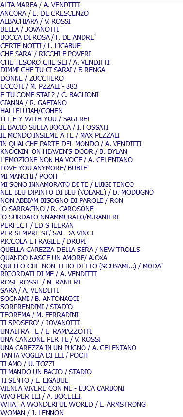 ALTA MAREA / A. VENDITTI ANCORA / E. DE CRESCENZO ALBACHIARA / V. ROSSI BELLA / JOVANOTTI BOCCA DI ROSA / F. DE ANDRE' CERTE NOTTI / L. LIGABUE CHE SARA' / RICCHI E POVERI CHE TESORO CHE SEI / A. VENDITTI DIMMI CHE TU CI SARAI / F. RENGA DONNE / ZUCCHERO ECCOTI / M. PZZALI - 883 E TU COME STAI ? / C. BAGLIONI GIANNA / R. GAETANO HALLELUJAH/COHEN I'LL FLY WITH YOU / SAGI REI IL BACIO SULLA BOCCA / I. FOSSATI IL MONDO INSIEME A TE / MAX PEZZALI IN QUALCHE PARTE DEL MONDO / A. VENDITTI KNOCKIN' ON HEAVEN'S DOOR / B. DYLAN L'EMOZIONE NON HA VOCE / A. CELENTANO LOVE YOU ANYMORE/ BUBLE' MI MANCHI / POOH MI SONO INNAMORATO DI TE / LUIGI TENCO NEL BLU DIPINTO DI BLU (VOLARE) / D. MODUGNO NON ABBIAM BISOGNO DI PAROLE / RON 'O SARRACINO / R. CAROSONE 'O SURDATO NN'AMMURATO/M.RANIERI PERFECT / ED SHEERAN PER SEMPRE SI'/ SAL DA VINCI PICCOLA E FRAGILE / DRUPI QUELLA CAREZZA DELLA SERA / NEW TROLLS QUANDO NASCE UN AMORE/ A.OXA QUELLO CHE NON TI HO DETTO (SCUSAMI...) / MODA' RICORDATI DI ME / A. VENDITTI ROSE ROSSE / M. RANIERI SARA / A. VENDITTI SOGNAMI / B. ANTONACCI SORPRENDIMI / STADIO TEOREMA / M. FERRADINI TI SPOSERO' / JOVANOTTI UN'ALTRA TE / E. RAMAZZOTTI UNA CANZONE PER TE / V. ROSSI UNA CAREZZA IN UN PUGNO / A. CELENTANO TANTA VOGLIA DI LEI / POOH TI AMO / U. TOZZI TI MANDO UN BACIO / STADIO TI SENTO / L. LIGABUE VIENI A VIVERE CON ME - LUCA CARBONI VIVO PER LEI / A. BOCELLI WHAT A WONDERFUL WORLD / L. ARMSTRONG WOMAN / J. LENNON