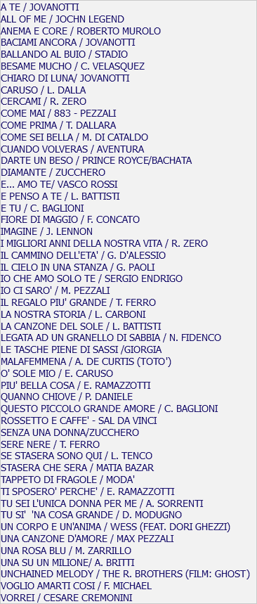 A TE / JOVANOTTI ALL OF ME / JOCHN LEGEND ANEMA E CORE / ROBERTO MUROLO BACIAMI ANCORA / JOVANOTTI BALLANDO AL BUIO / STADIO BESAME MUCHO / C. VELASQUEZ CHIARO DI LUNA/ JOVANOTTI CARUSO / L. DALLA CERCAMI / R. ZERO COME MAI / 883 - PEZZALI COME PRIMA / T. DALLARA COME SEI BELLA / M. DI CATALDO CUANDO VOLVERAS / AVENTURA DARTE UN BESO / PRINCE ROYCE/BACHATA DIAMANTE / ZUCCHERO E... AMO TE/ VASCO ROSSI E PENSO A TE / L. BATTISTI E TU / C. BAGLIONI FIORE DI MAGGIO / F. CONCATO IMAGINE / J. LENNON I MIGLIORI ANNI DELLA NOSTRA VITA / R. ZERO IL CAMMINO DELL'ETA' / G. D'ALESSIO IL CIELO IN UNA STANZA / G. PAOLI IO CHE AMO SOLO TE / SERGIO ENDRIGO IO CI SARO' / M. PEZZALI IL REGALO PIU' GRANDE / T. FERRO LA NOSTRA STORIA / L. CARBONI LA CANZONE DEL SOLE / L. BATTISTI LEGATA AD UN GRANELLO DI SABBIA / N. FIDENCO LE TASCHE PIENE DI SASSI /GIORGIA MALAFEMMENA / A. DE CURTIS (TOTO') O' SOLE MIO / E. CARUSO PIU' BELLA COSA / E. RAMAZZOTTI QUANNO CHIOVE / P. DANIELE QUESTO PICCOLO GRANDE AMORE / C. BAGLIONI ROSSETTO E CAFFE' - SAL DA VINCI SENZA UNA DONNA/ZUCCHERO SERE NERE / T. FERRO SE STASERA SONO QUI / L. TENCO STASERA CHE SERA / MATIA BAZAR TAPPETO DI FRAGOLE / MODA' TI SPOSERO' PERCHE' / E. RAMAZZOTTI TU SEI L'UNICA DONNA PER ME / A. SORRENTI TU SI' 'NA COSA GRANDE / D. MODUGNO UN CORPO E UN'ANIMA / WESS (FEAT. DORI GHEZZI) UNA CANZONE D'AMORE / MAX PEZZALI UNA ROSA BLU / M. ZARRILLO UNA SU UN MILIONE/ A. BRITTI UNCHAINED MELODY / THE R. BROTHERS (FILM: GHOST) VOGLIO AMARTI COSI / F. MICHAEL VORREI / CESARE CREMONINI