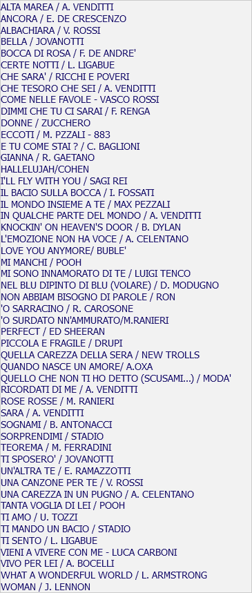 ALTA MAREA / A. VENDITTI ANCORA / E. DE CRESCENZO ALBACHIARA / V. ROSSI BELLA / JOVANOTTI BOCCA DI ROSA / F. DE ANDRE' CERTE NOTTI / L. LIGABUE CHE SARA' / RICCHI E POVERI CHE TESORO CHE SEI / A. VENDITTI COME NELLE FAVOLE - VASCO ROSSI DIMMI CHE TU CI SARAI / F. RENGA DONNE / ZUCCHERO ECCOTI / M. PZZALI - 883 E TU COME STAI ? / C. BAGLIONI GIANNA / R. GAETANO HALLELUJAH/COHEN I'LL FLY WITH YOU / SAGI REI IL BACIO SULLA BOCCA / I. FOSSATI IL MONDO INSIEME A TE / MAX PEZZALI IN QUALCHE PARTE DEL MONDO / A. VENDITTI KNOCKIN' ON HEAVEN'S DOOR / B. DYLAN L'EMOZIONE NON HA VOCE / A. CELENTANO LOVE YOU ANYMORE/ BUBLE' MI MANCHI / POOH MI SONO INNAMORATO DI TE / LUIGI TENCO NEL BLU DIPINTO DI BLU (VOLARE) / D. MODUGNO NON ABBIAM BISOGNO DI PAROLE / RON 'O SARRACINO / R. CAROSONE 'O SURDATO NN'AMMURATO/M.RANIERI PERFECT / ED SHEERAN PICCOLA E FRAGILE / DRUPI QUELLA CAREZZA DELLA SERA / NEW TROLLS QUANDO NASCE UN AMORE/ A.OXA QUELLO CHE NON TI HO DETTO (SCUSAMI...) / MODA' RICORDATI DI ME / A. VENDITTI ROSE ROSSE / M. RANIERI SARA / A. VENDITTI SOGNAMI / B. ANTONACCI SORPRENDIMI / STADIO TEOREMA / M. FERRADINI TI SPOSERO' / JOVANOTTI UN'ALTRA TE / E. RAMAZZOTTI UNA CANZONE PER TE / V. ROSSI UNA CAREZZA IN UN PUGNO / A. CELENTANO TANTA VOGLIA DI LEI / POOH TI AMO / U. TOZZI TI MANDO UN BACIO / STADIO TI SENTO / L. LIGABUE VIENI A VIVERE CON ME - LUCA CARBONI VIVO PER LEI / A. BOCELLI WHAT A WONDERFUL WORLD / L. ARMSTRONG WOMAN / J. LENNON